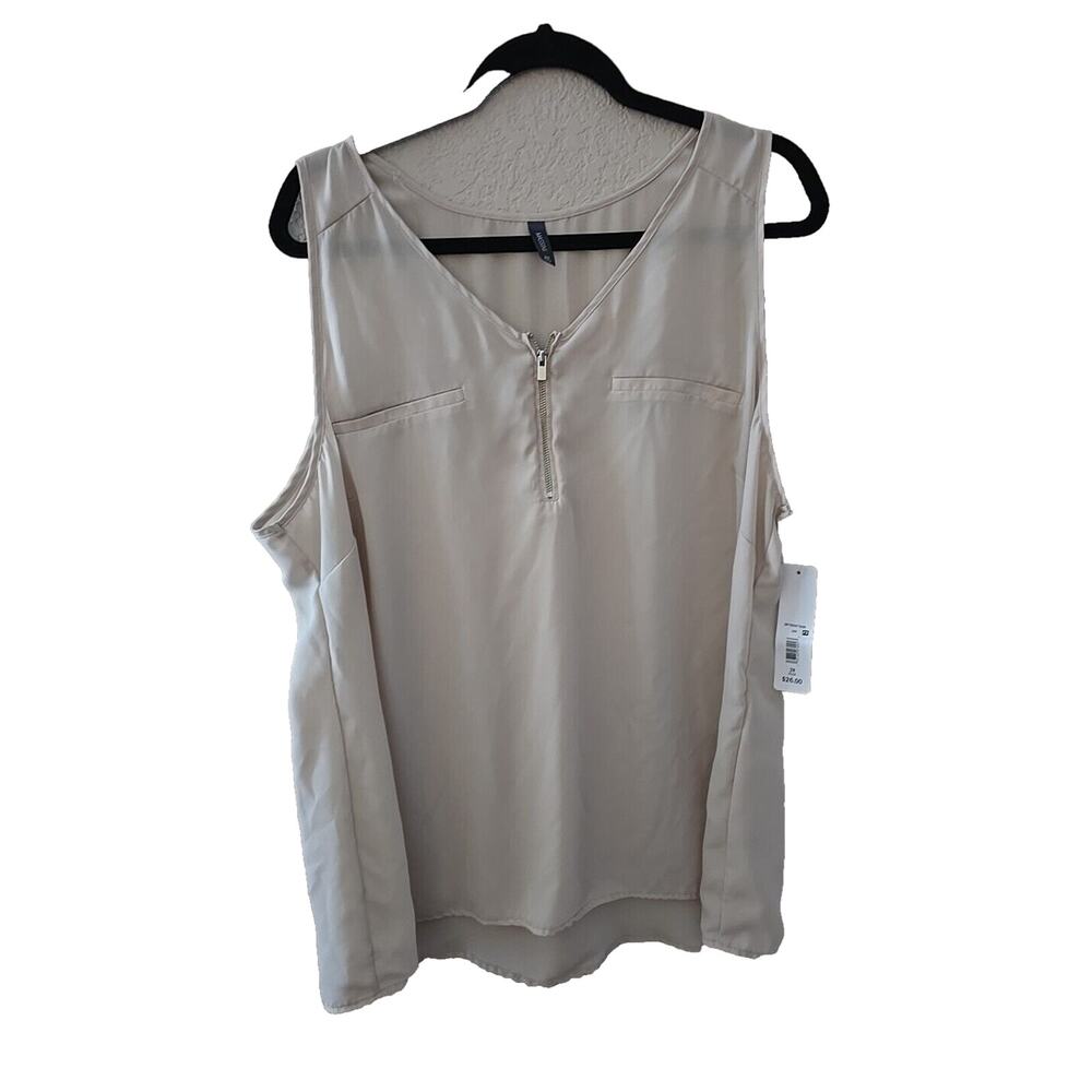 NWT Massini Tan V-Neck‎ Quarter Zip Pockets Sleeveless Tank Top Womans Size 2X